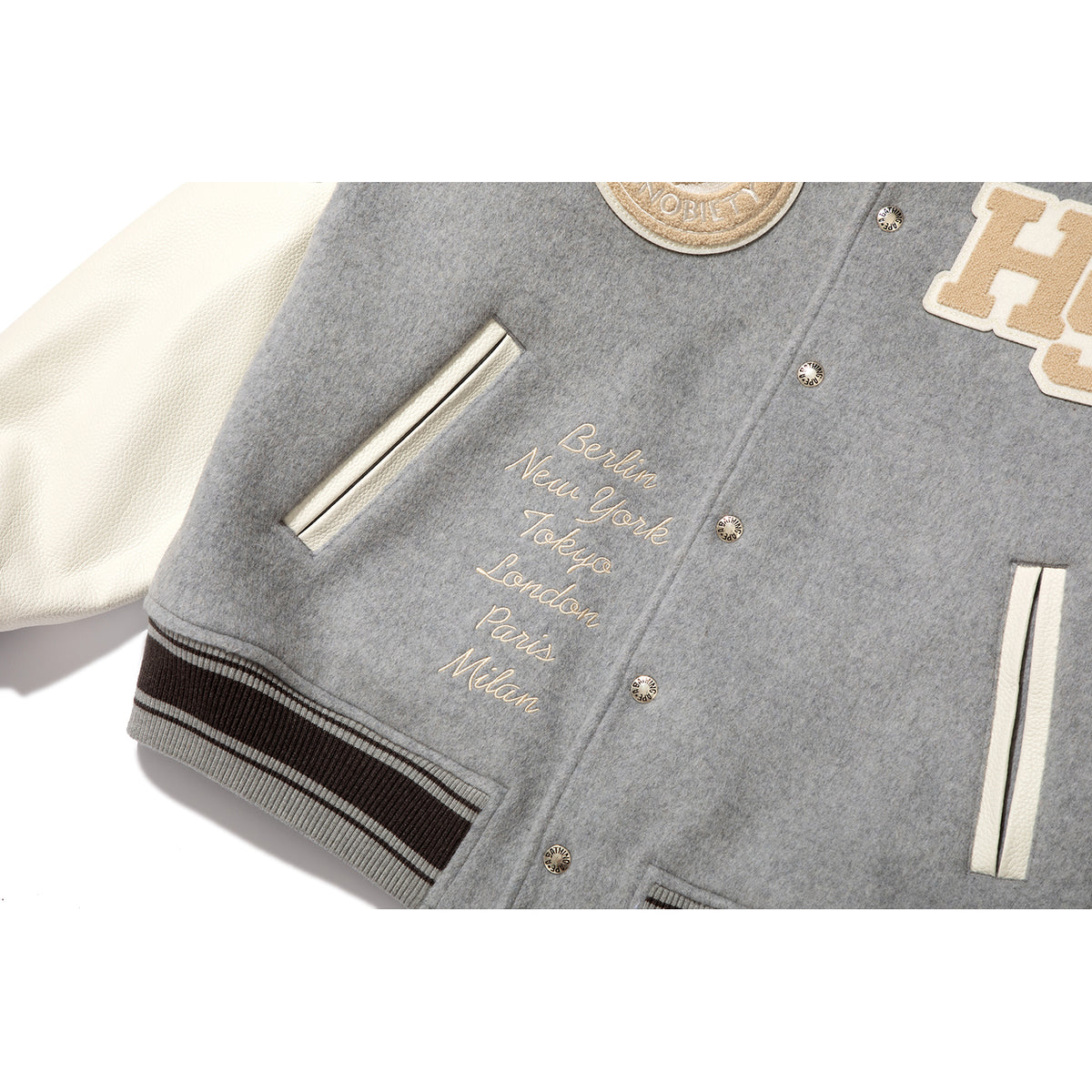 BAPE X HIGHSNOBIETY MULTI LOGO VARSITY JACKET MENS