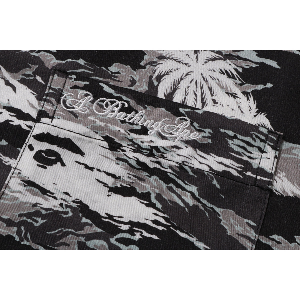 BAPE MENS PALM TREE CAMO OPEN COLLAR POCKET SS SHIRT