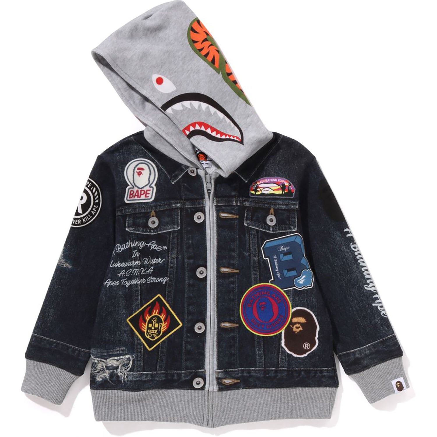 SHARK BAPE EMBLEM DENIM JACKET PRINT ZIP HOODIE KIDS