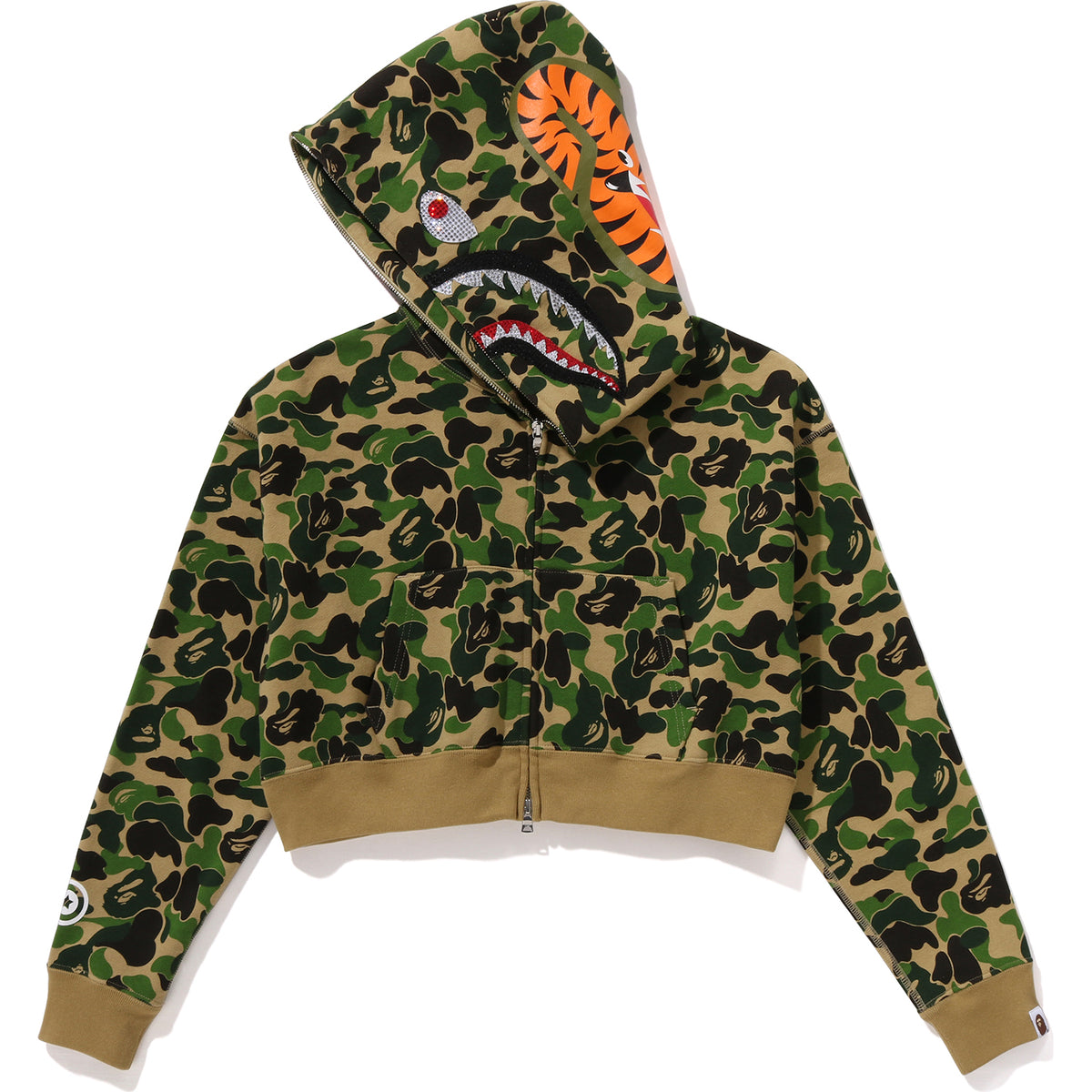 ABC CAMO CRYSTAL STONE SHARK CROPPED FULL ZIP HOODIE LADIES