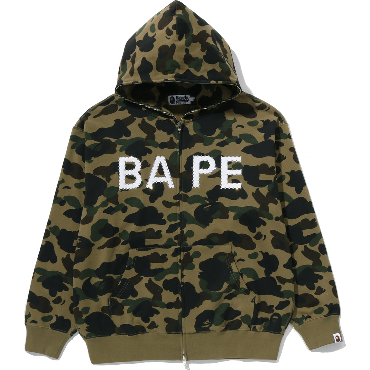 1ST CAMO BAPE LOGO RHINESTONE RELAXED FIT FULL ZIP HOODIE MENS