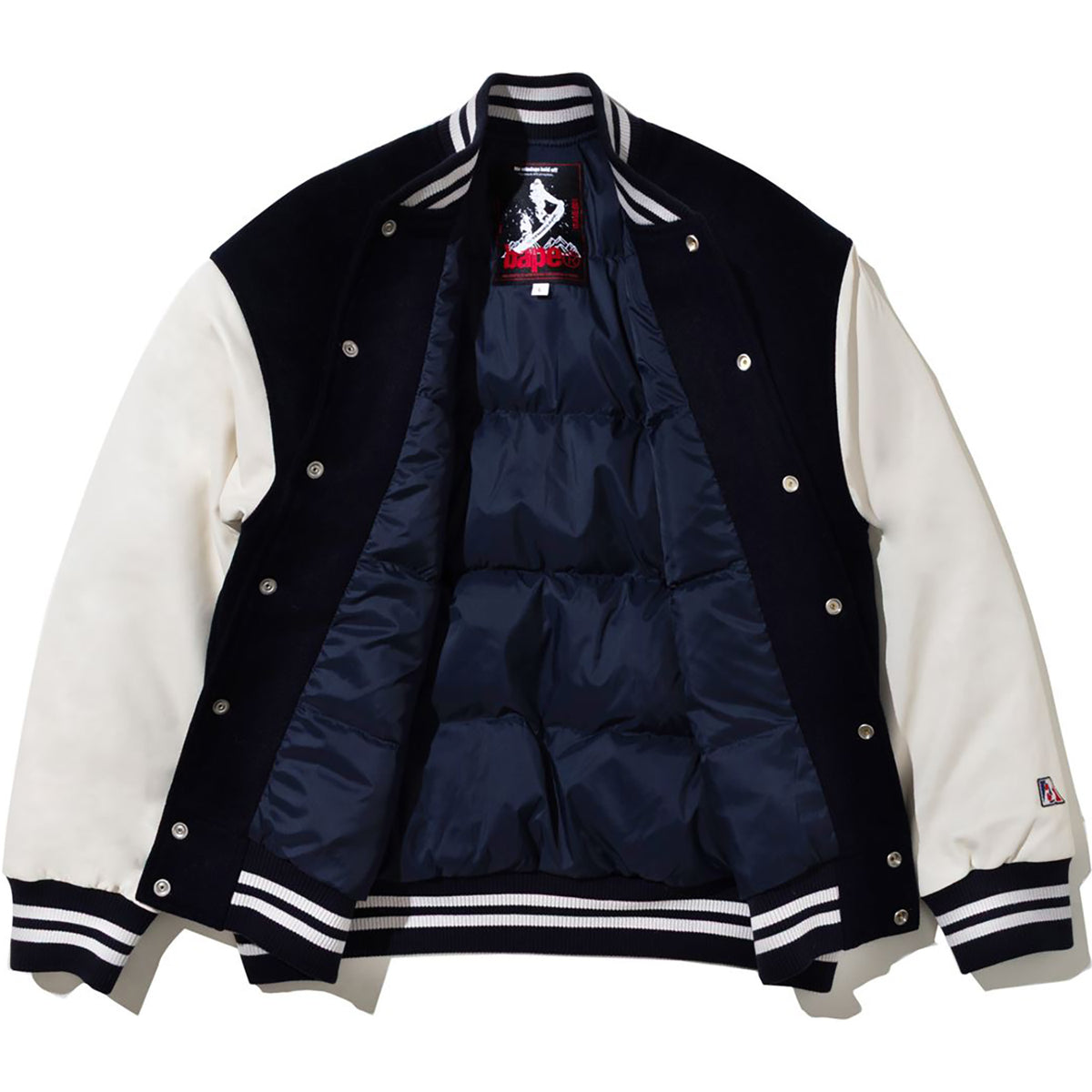 BAPE BY KAZUKI KURAISHI MULTI LOGO VARSITY DOWN JACKET MENS