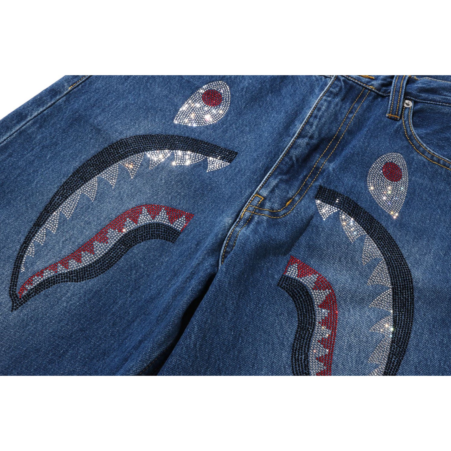 CRYSTAL STONE SHARK HIGH WAIST DENIM PANTS LADIES