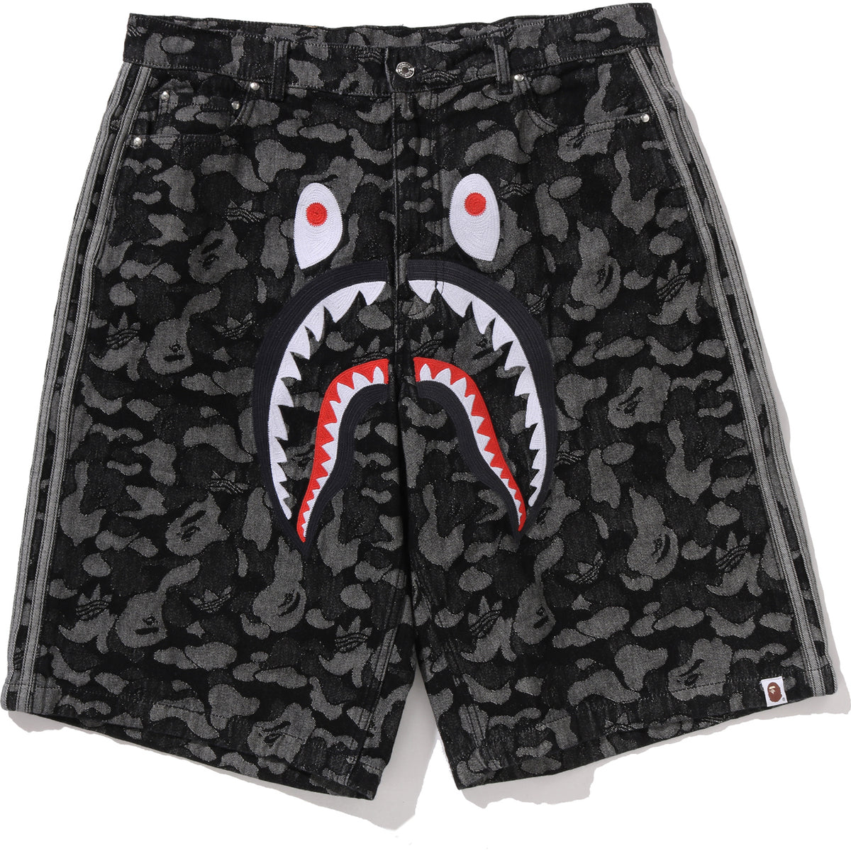 BAPE X ADIDAS CAMO JACQUARD SHARK DENIM JORTS MENS