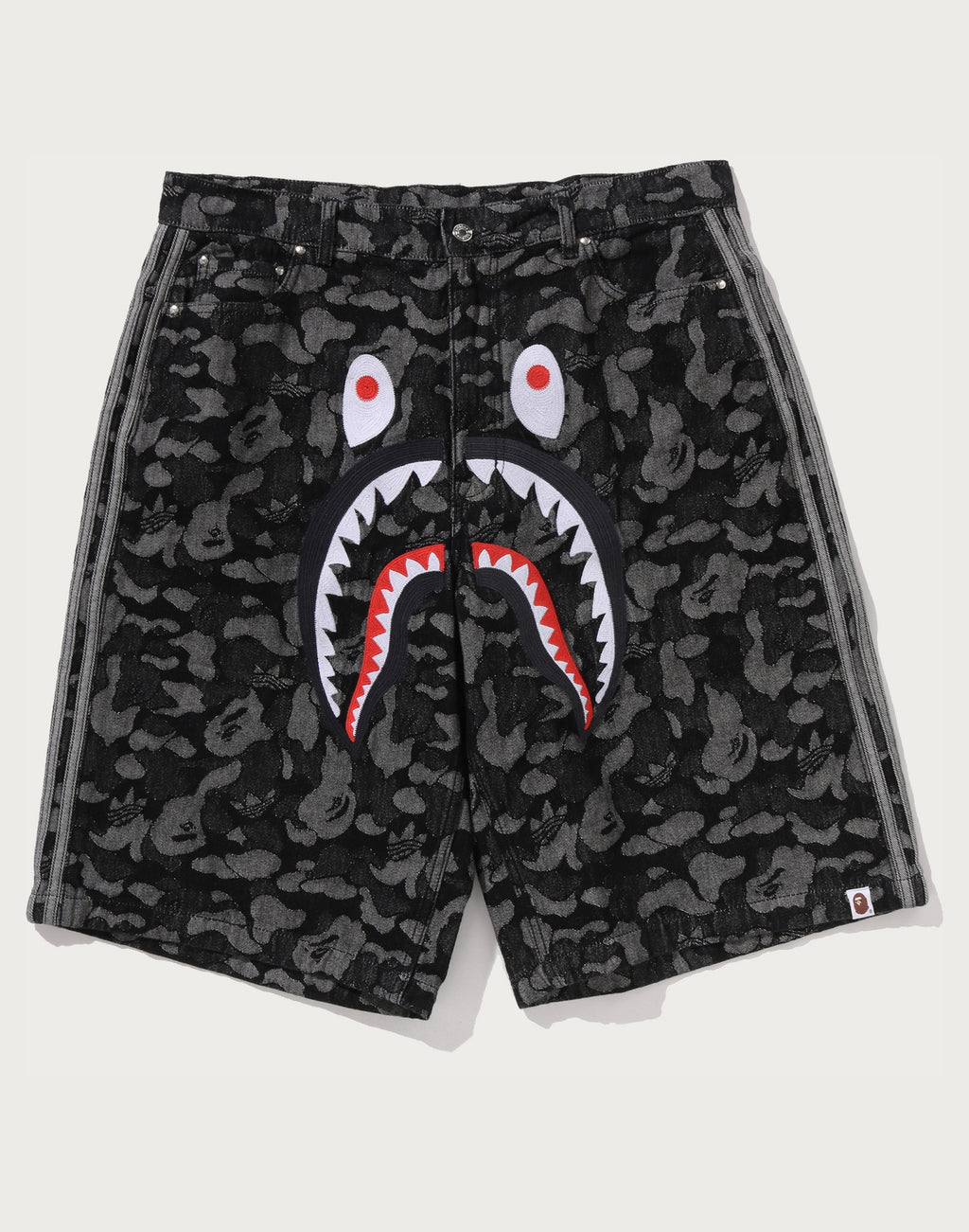 BAPE X ADIDAS CAMO JACQUARD SHARK DENIM JORTS MENS