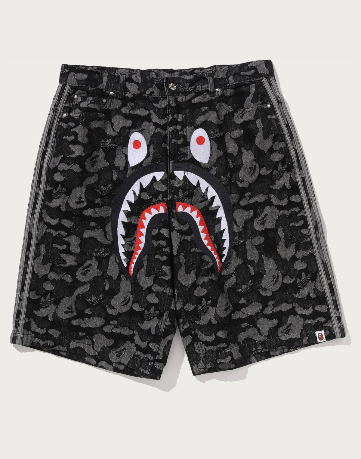 BAPE X ADIDAS CAMO JACQUARD SHARK DENIM JORTS MENS