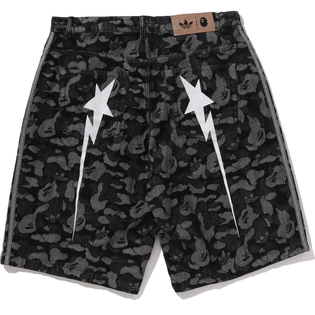 BAPE X ADIDAS CAMO JACQUARD SHARK DENIM JORTS MENS