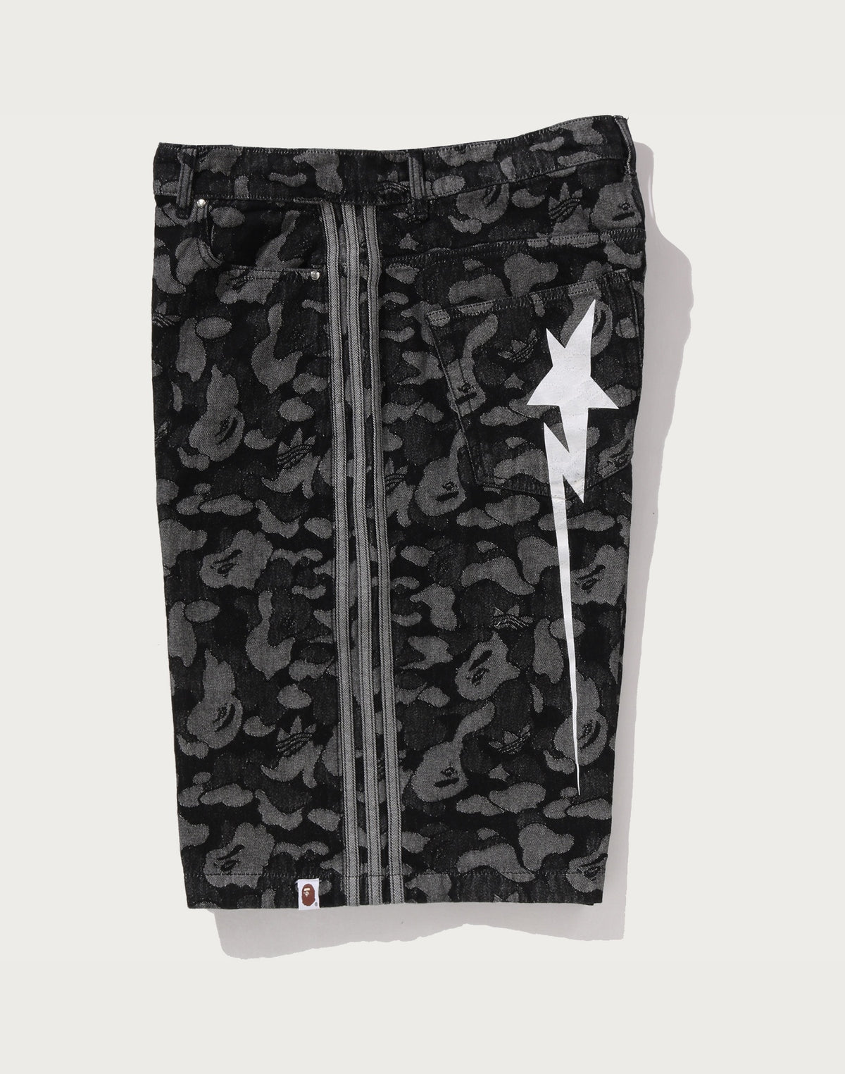 BAPE X ADIDAS CAMO JACQUARD SHARK DENIM JORTS MENS