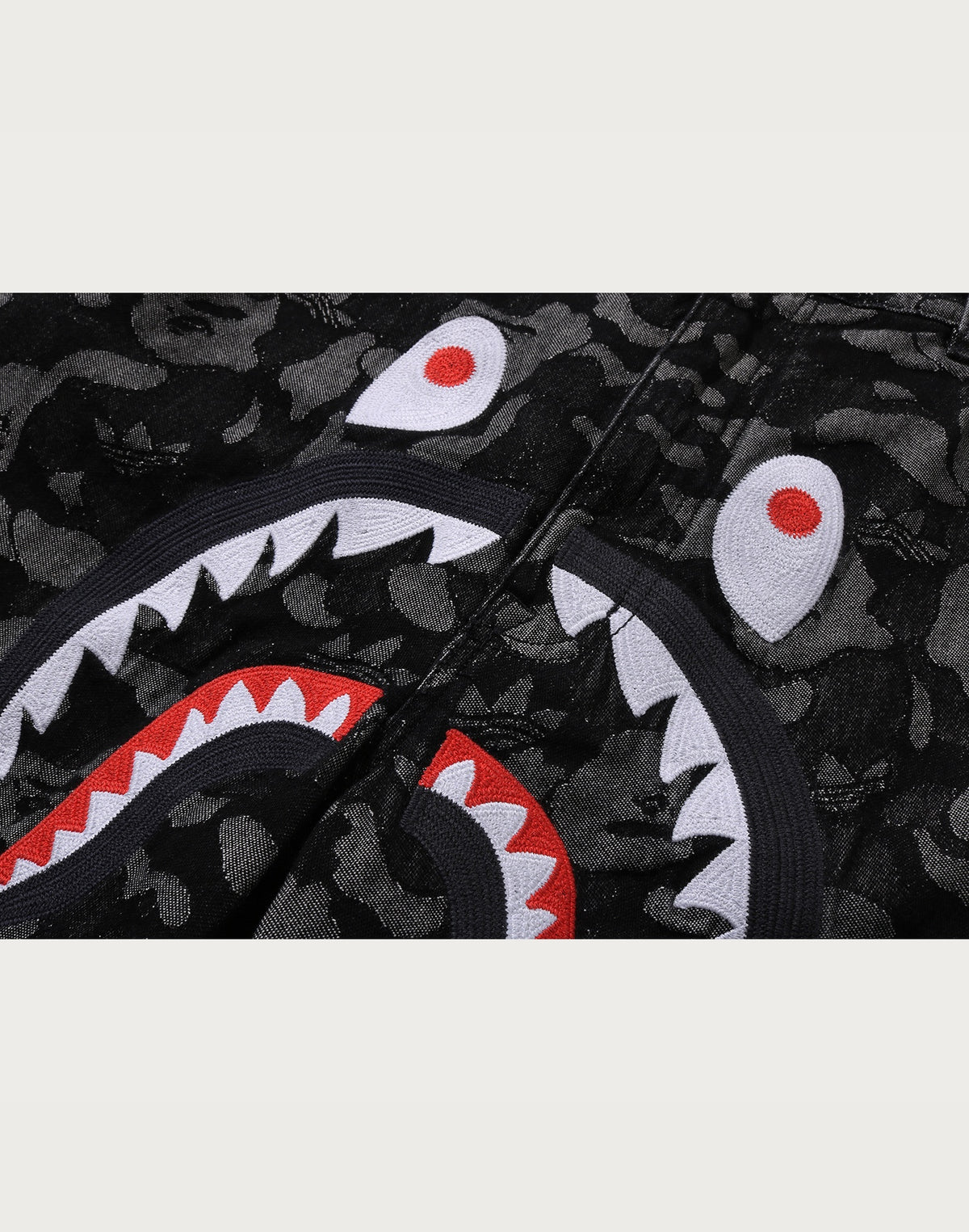 BAPE X ADIDAS CAMO JACQUARD SHARK DENIM JORTS MENS