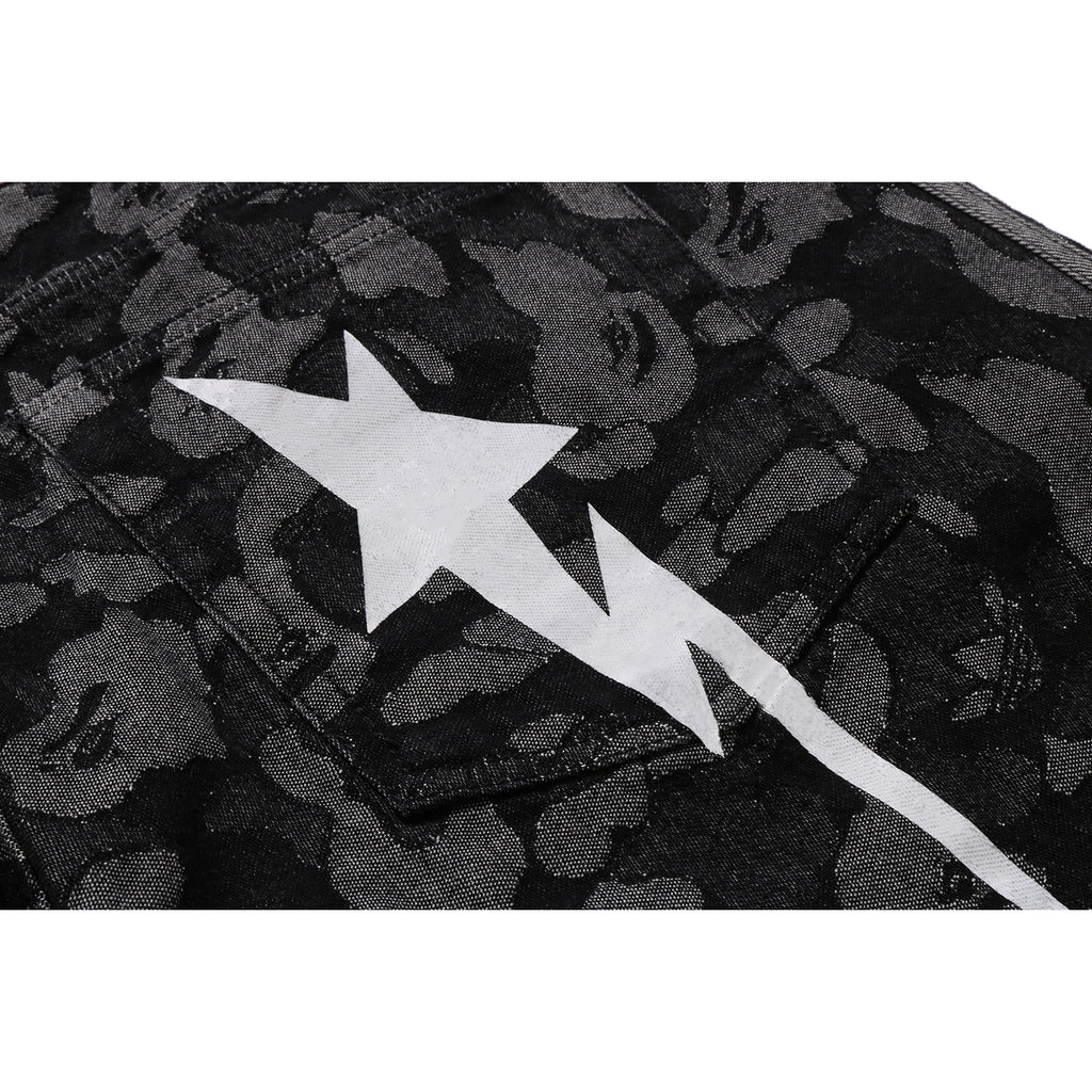 BAPE X ADIDAS CAMO JACQUARD SHARK DENIM JORTS MENS