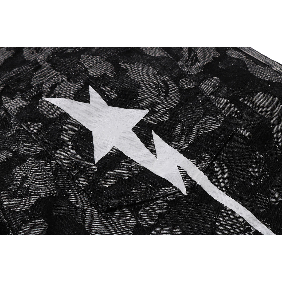 BAPE X ADIDAS CAMO JACQUARD SHARK DENIM JORTS MENS