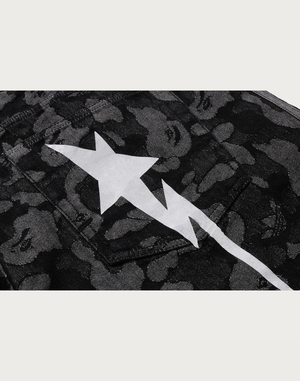 BAPE X ADIDAS CAMO JACQUARD SHARK DENIM JORTS MENS