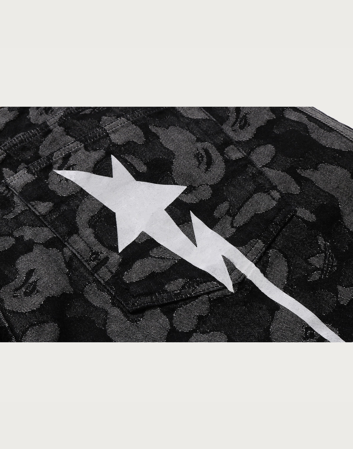 BAPE X ADIDAS CAMO JACQUARD SHARK DENIM JORTS MENS