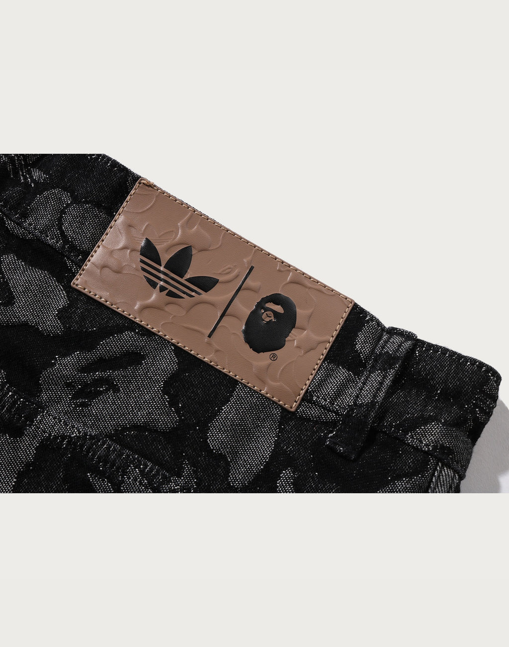 BAPE X ADIDAS CAMO JACQUARD SHARK DENIM JORTS MENS