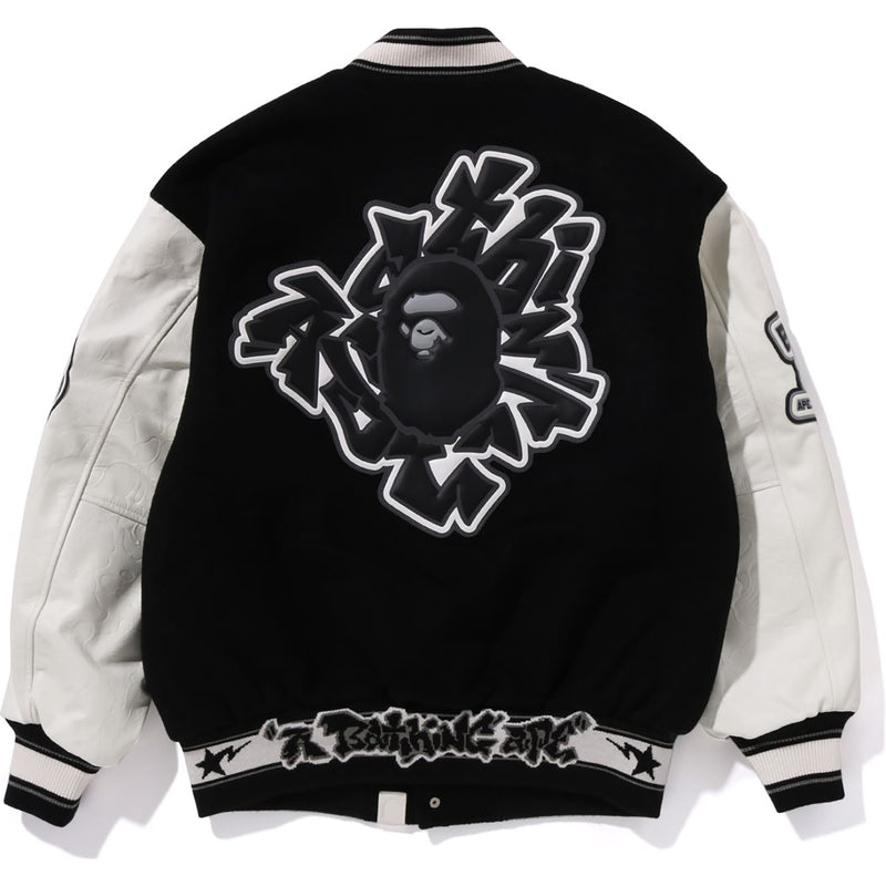 DEBOSSED CAMO LEATHER SLEEVE OVERSIZED VARSITY JACKET MENS