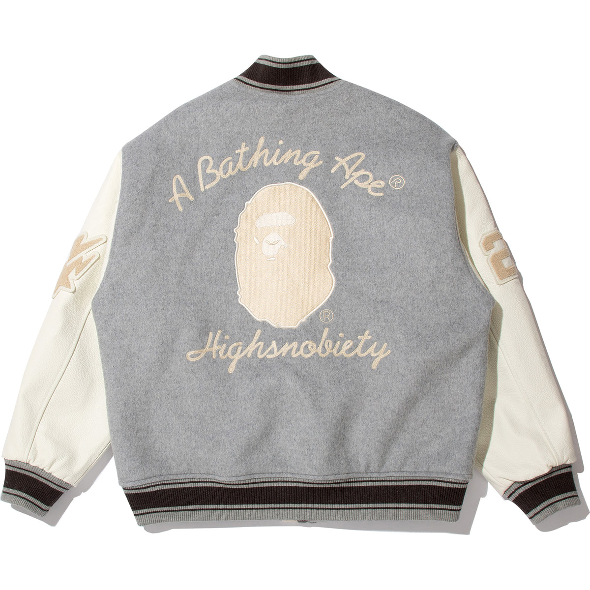 BAPE X HIGHSNOBIETY MULTI LOGO VARSITY JACKET MENS