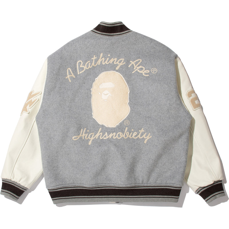 BAPE X HIGHSNOBIETY MULTI LOGO VARSITY JACKET MENS