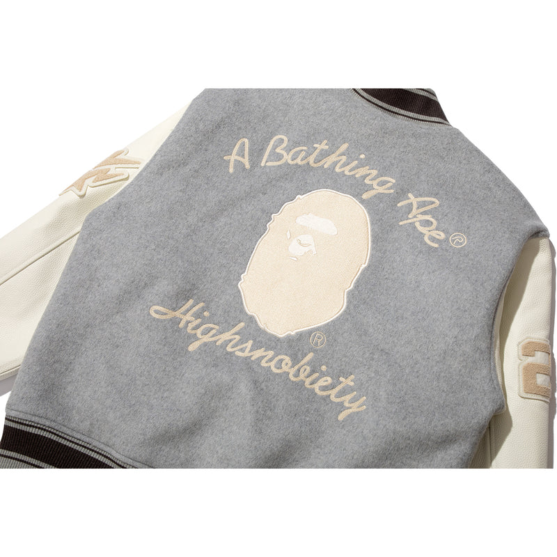 BAPE X HIGHSNOBIETY MULTI LOGO VARSITY JACKET MENS