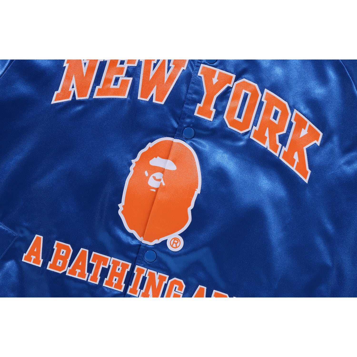 新品XL！【 BAPE X M&N NBA 】NY KNICKSサテンJKT青 BAPE®︎ X M&N NBA -
