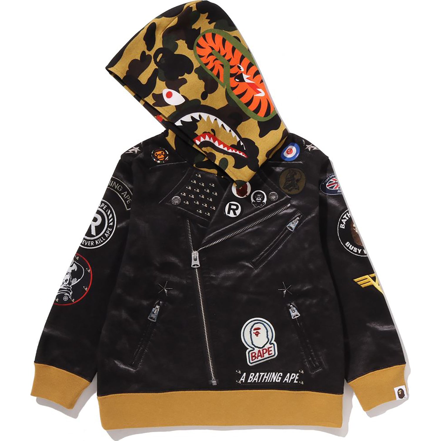 Kid's Black Leather Jacket SHARK Pullover Hoodie | A Bathing Ape