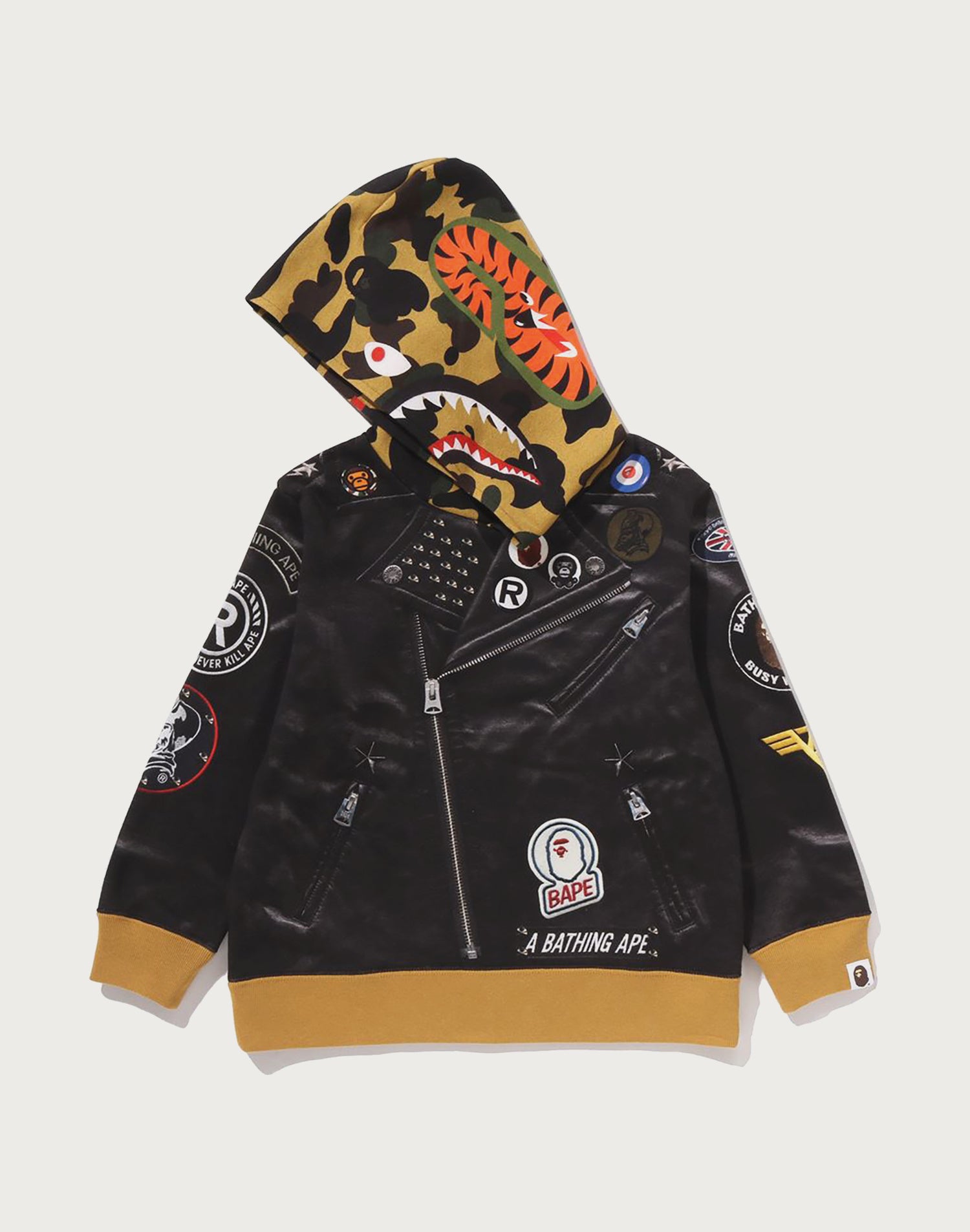 Kid's Black Leather Jacket SHARK Pullover Hoodie | A Bathing Ape