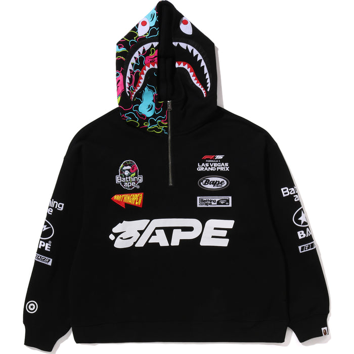 BAPE X F1LV MULTI LOGO SHARK RELAXED FIT HALF ZIP HOODIE MENS