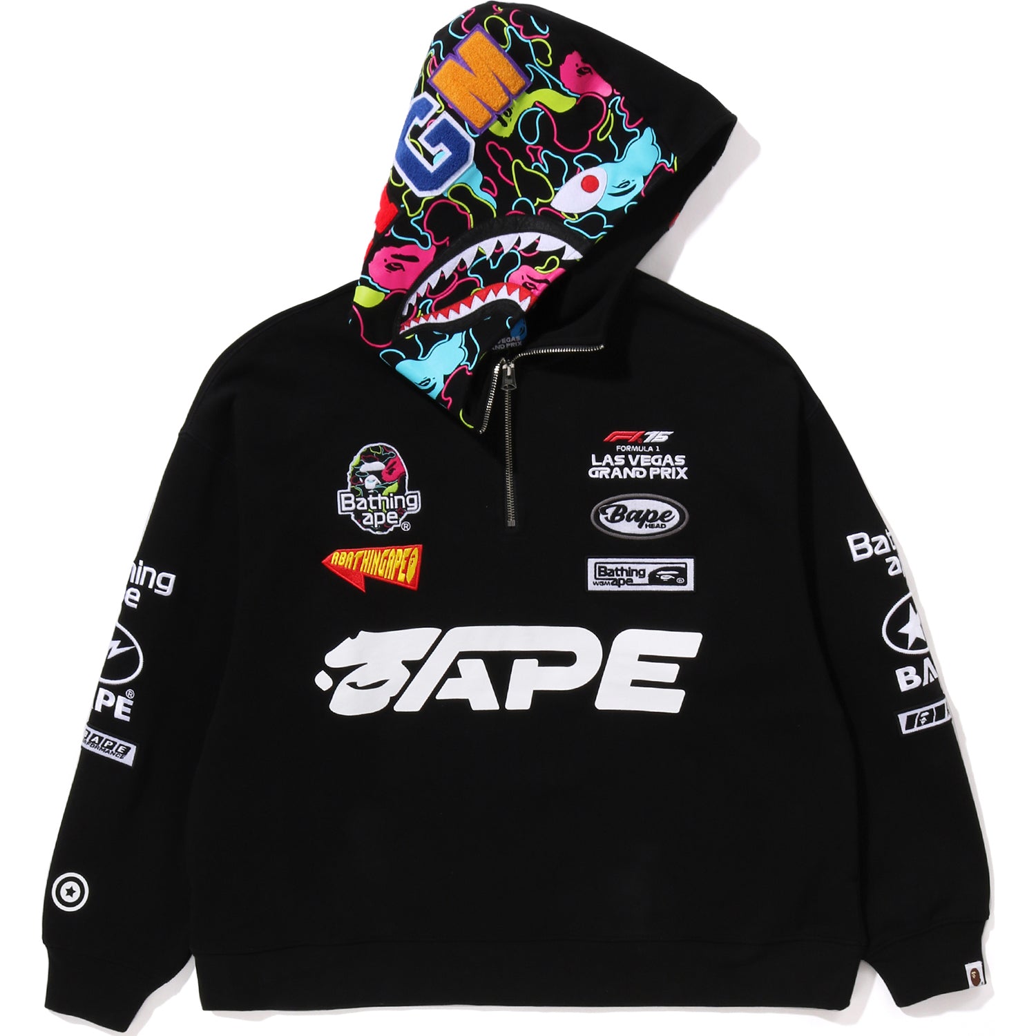BAPE X F1LV MULTI LOGO SHARK RELAXED FIT HALF ZIP HOODIE MENS – us