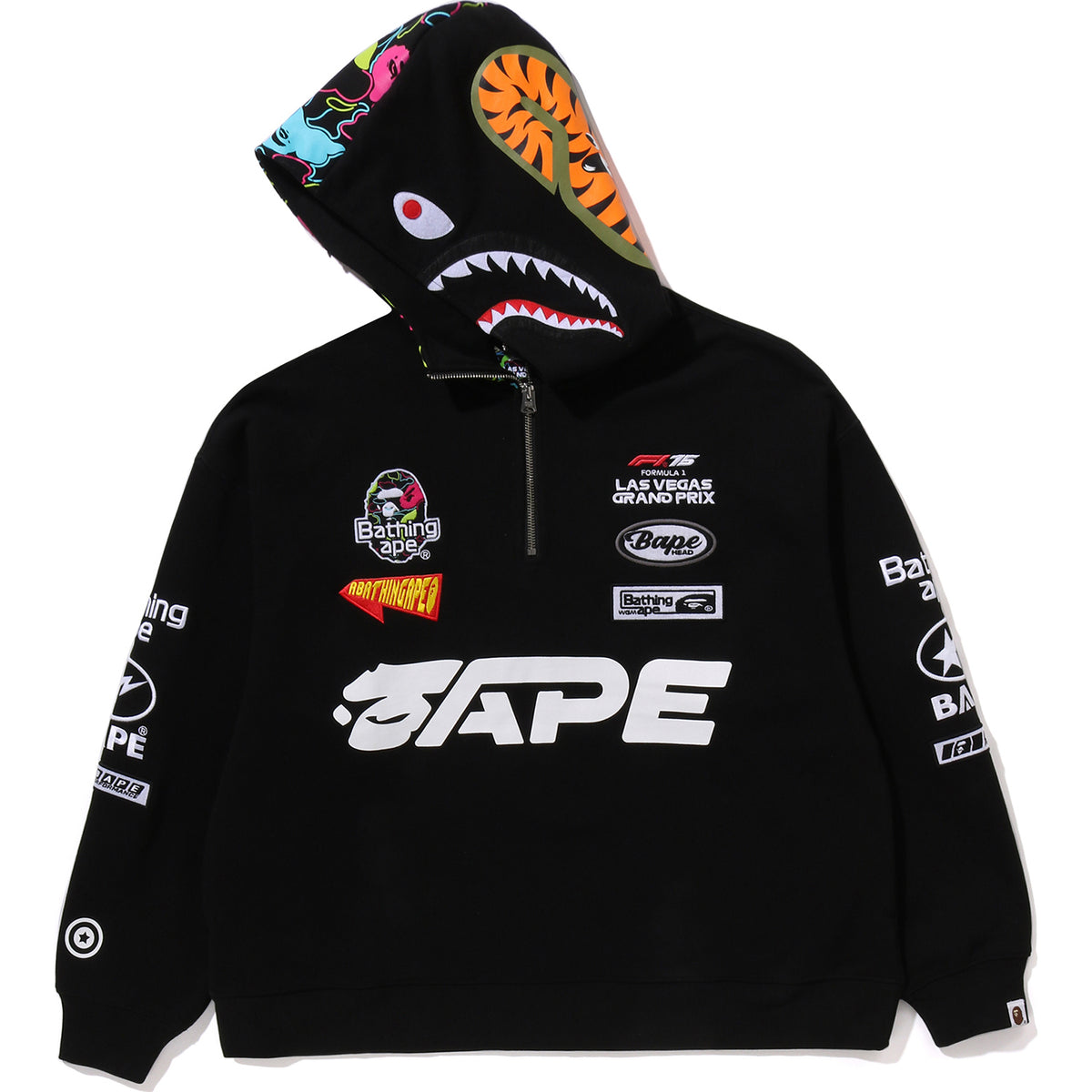 BAPE X F1LV MULTI LOGO SHARK RELAXED FIT HALF ZIP HOODIE MENS