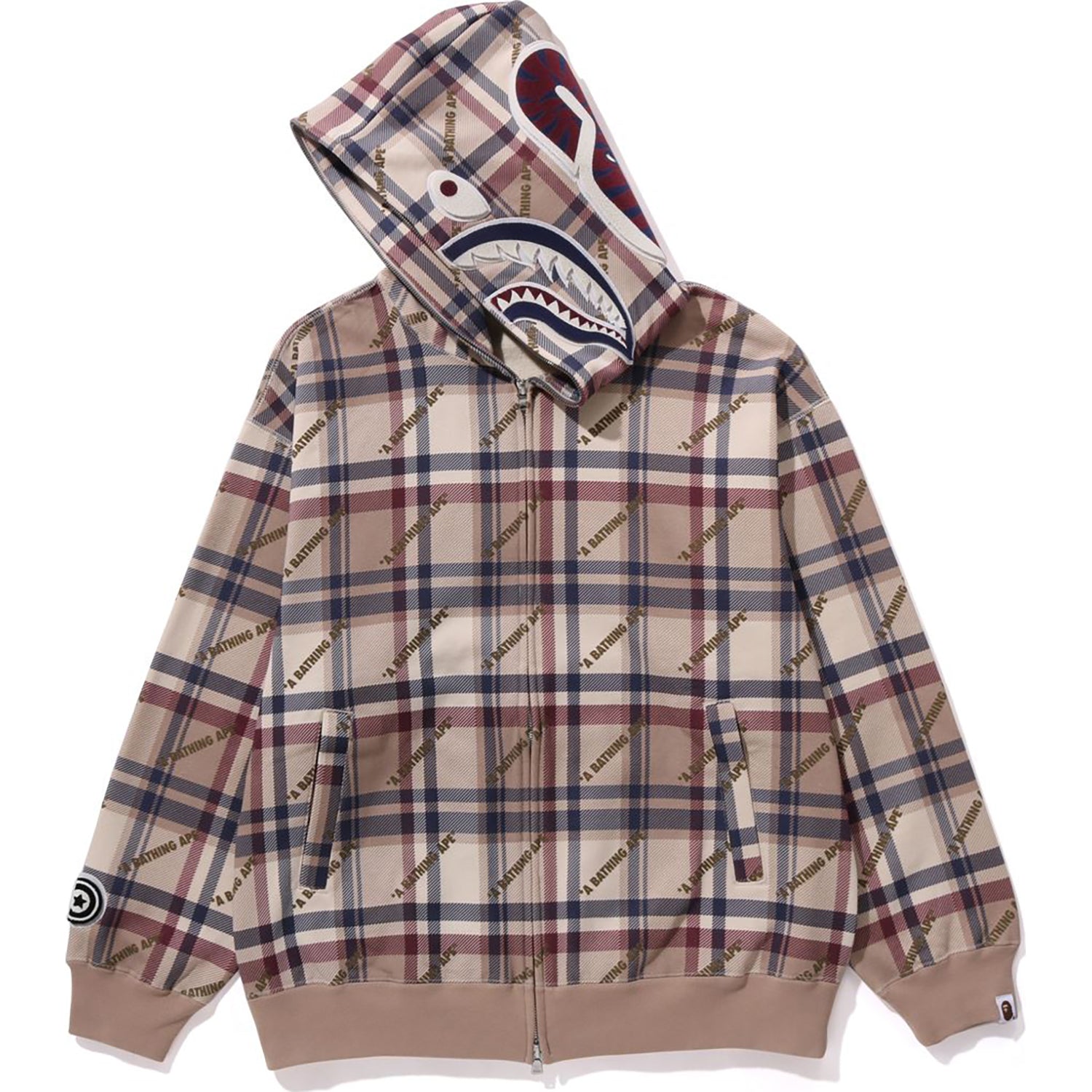 Bape Logo Check Pattern Shark Full Zip Hoodie Beige