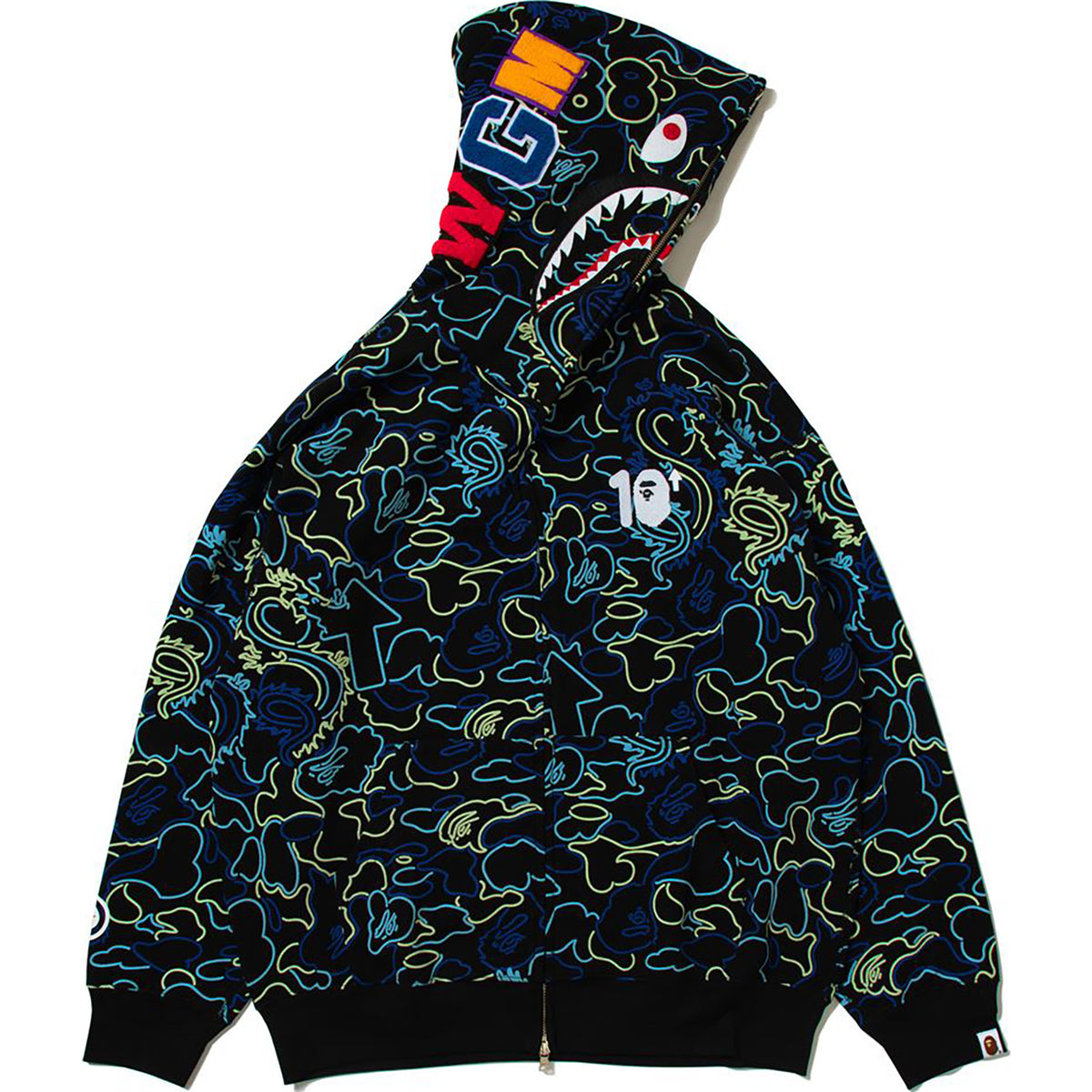BAPE X 88RISING GLOW IN THE DARK CAMO SHARK FULL ZIP HOODIE MENS