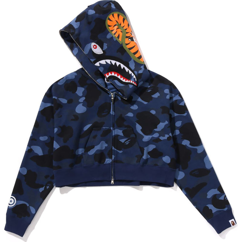COLOR CAMO CRYSTAL STONE SHARK CROPPED FULL ZIP HOODIE LADIES