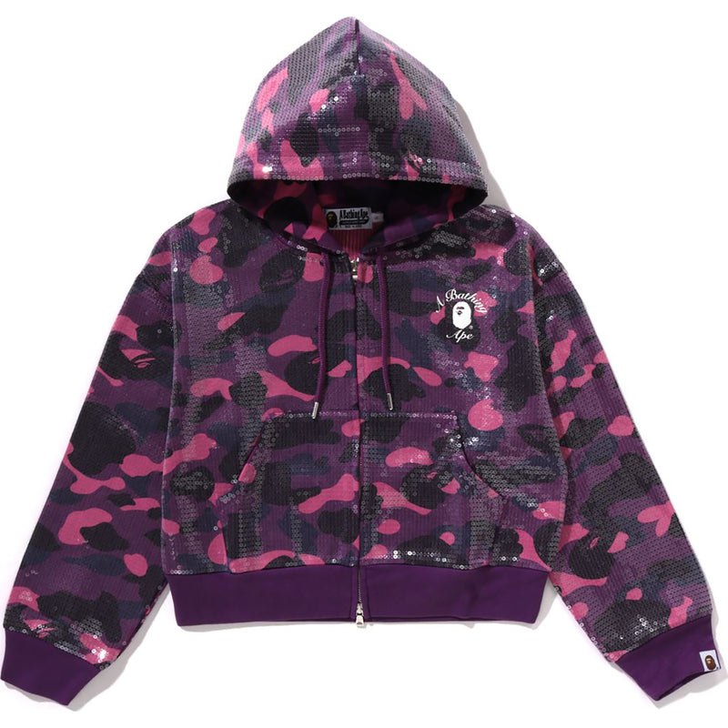 COLOR CAMO APE HEAD SEQUIN CROPPED FULL ZIP HOOOIE LADIES