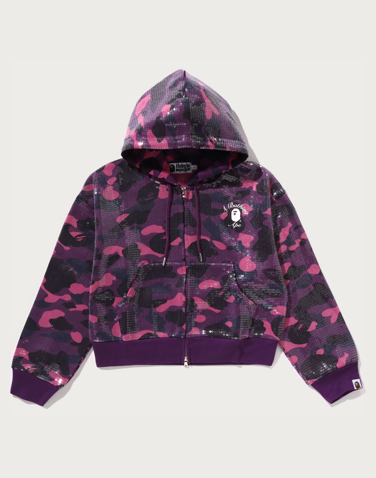 COLOR CAMO APE HEAD SEQUIN CROPPED FULL ZIP HOOOIE LADIES