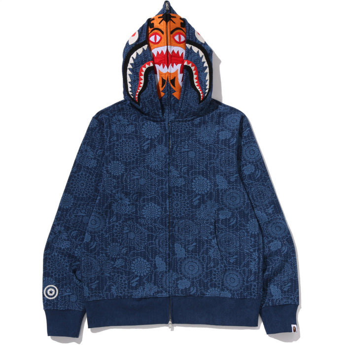 JAPANESE INDIGO ART CAMO DOUBLE TIGER SHARK FULL ZIP HOODIE MENS