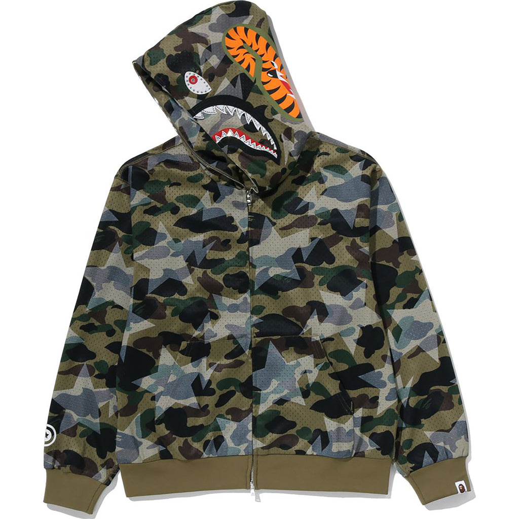 STA OVER PRINT 1ST CAMO MESH SHARK CROPPED FIT FULL ZIP HOODIE MENS