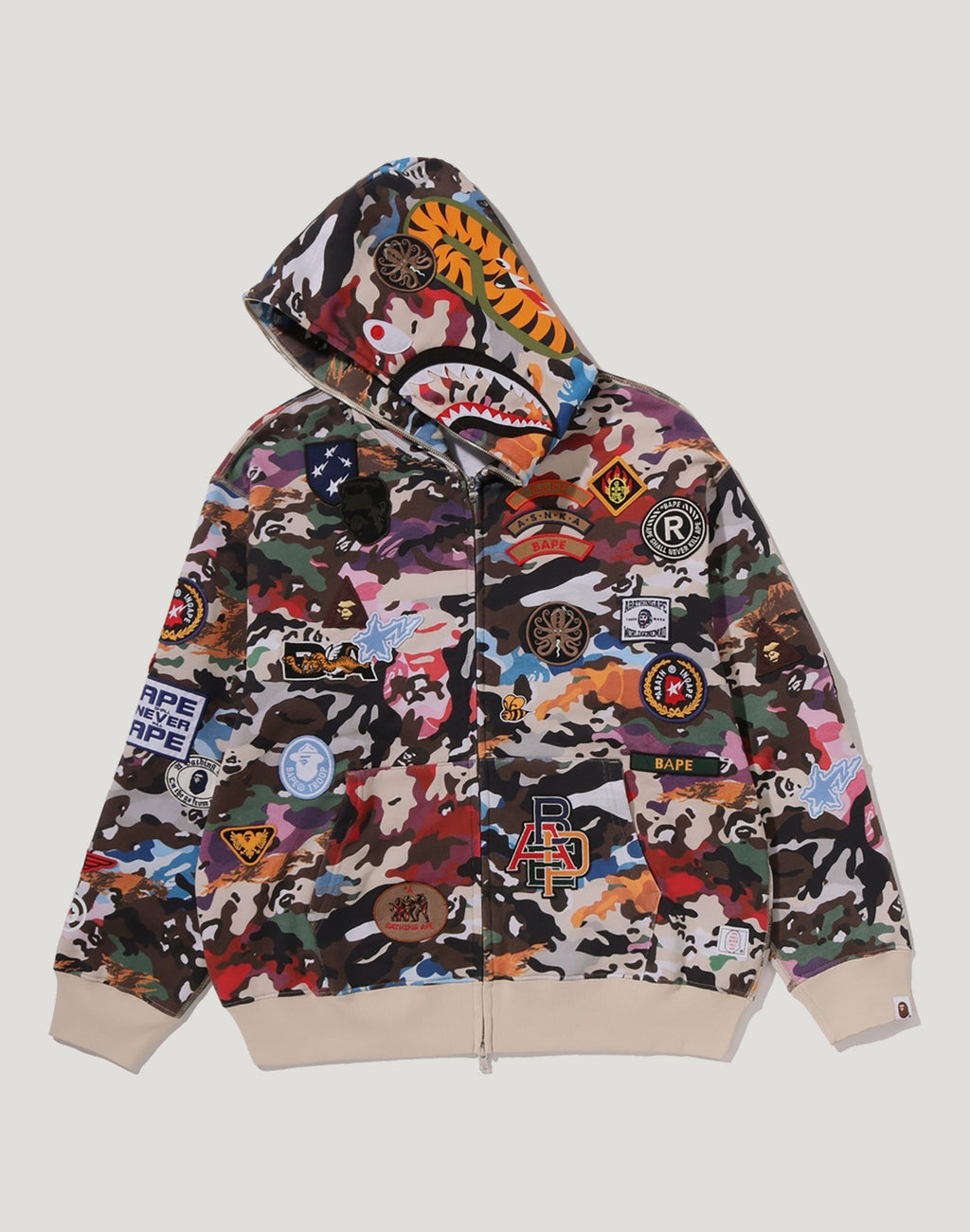 HYBRID CAMO MULTI BADGE SHARK RELAXED FIT FULL ZIP HOODIE MENS