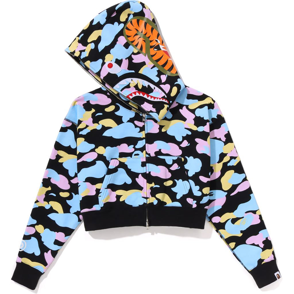 NEW MULTI CAMO CROPPED SHARK FULL ZIP HOODIE LADIES